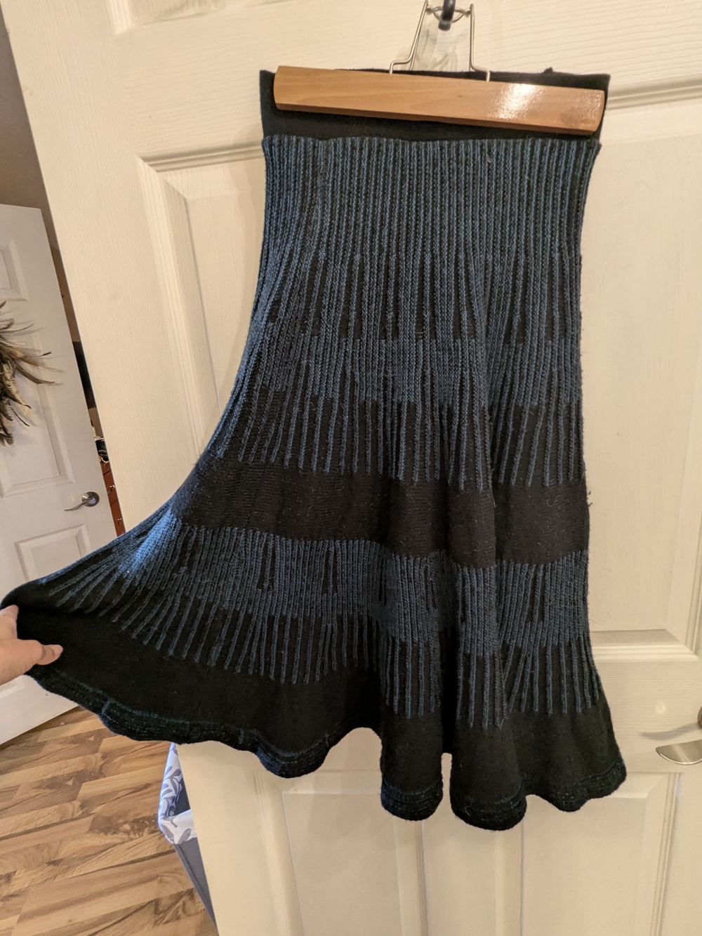 le chateau Blue and Black Knit Flare Midi Skirt